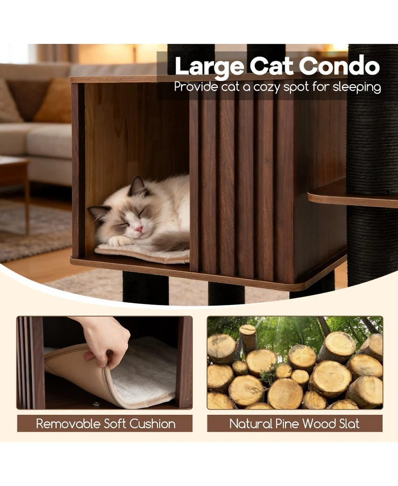 Hongge 53.5 Inch Wooden Cat Tower with Extra-Wide Padded Top Perch