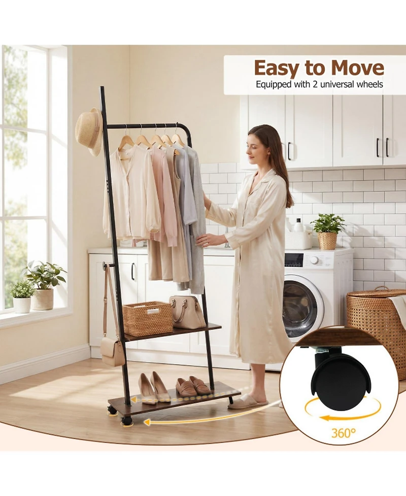 Hongge Freestanding Industrial Clothing Rack with 2 Wooden Shelves and Rolling Wheels