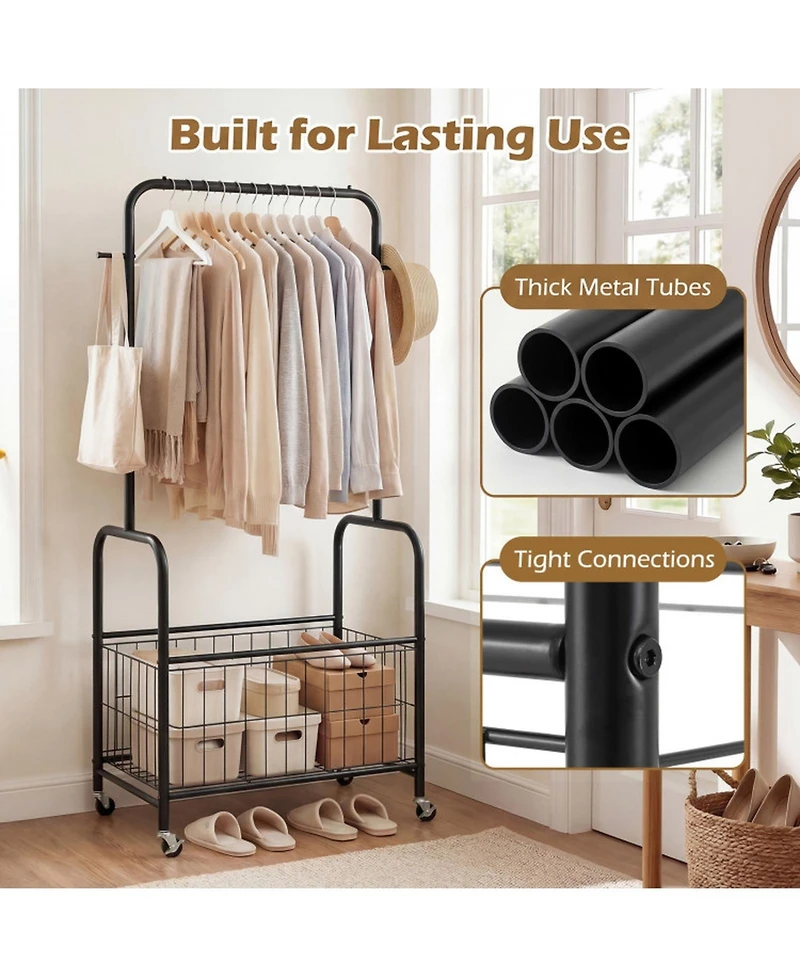 Hongge Rolling Metal Clothes Rack with Hanging Rod and Large Storage Basket