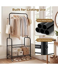 Hongge Rolling Metal Clothes Rack with Hanging Rod and Large Storage Basket