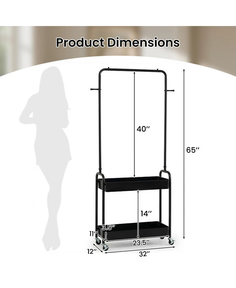 Hongge Heavy-Duty Rolling Clothes Rack with Hanging Rod and 2 Storage Baskets