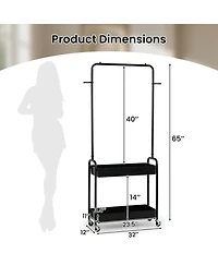 Hongge Heavy-Duty Rolling Clothes Rack with Hanging Rod and 2 Storage Baskets