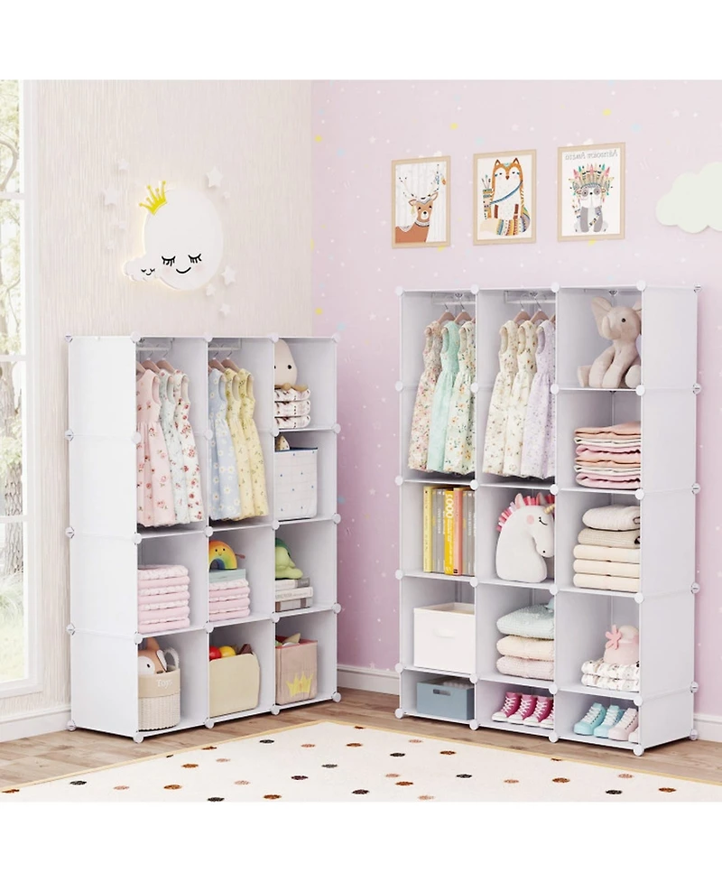 Hongge Modular Kids Wardrobe Closet with 13 Cubes Hanging Rods and Stackable Shelves
