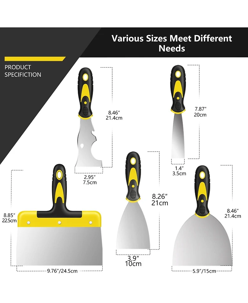 Xdovet Spackle Putty Scrapers Set 5 Stainless Steel Drywall Tools