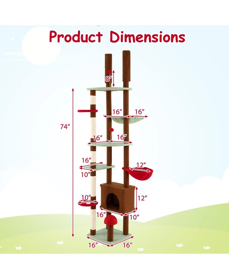 Hongge Mushroom Themed Floor to Ceiling Cat Tree with Height Adjustment