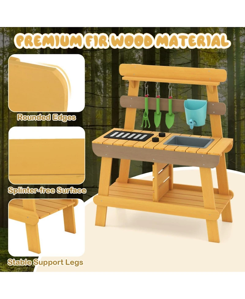 Hongge Outdoor Wooden Mud Kitchen with Grill Rack and Garden Tools