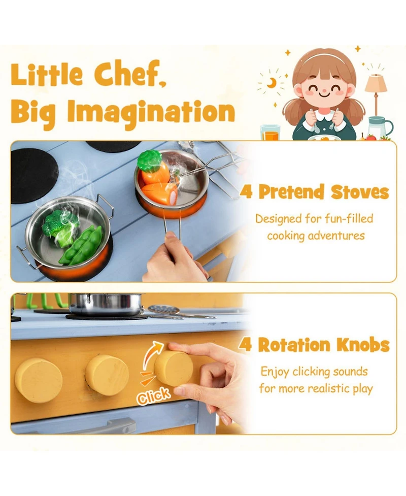 Hongge Wooden Mud Kitchen 2-Sink, 4-Stove 14-Piece Play Set, Ages 3+