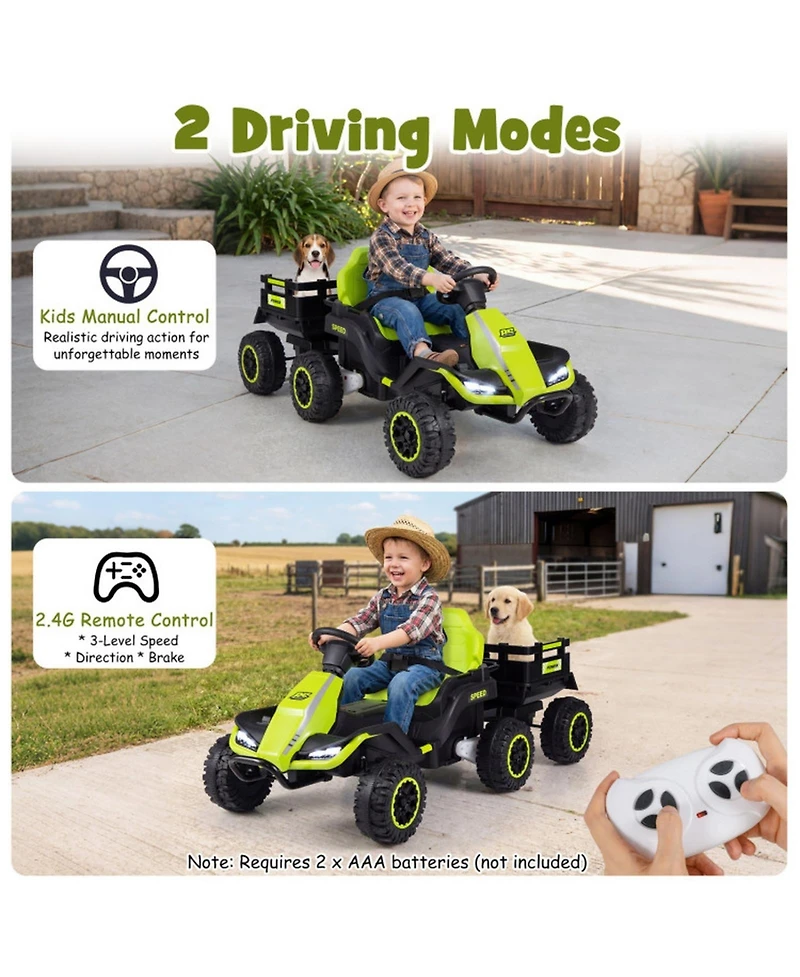 Hongge 24V Kids Ride On Tractor with Detachable Trailer, Remote Control, 66 lbs Weight Limit, Ages 3+