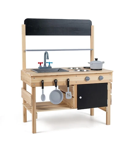 Hongge Kids Wooden Outdoor Mud Kitchen with Stainless Steel Sink and Stoves Ages 3