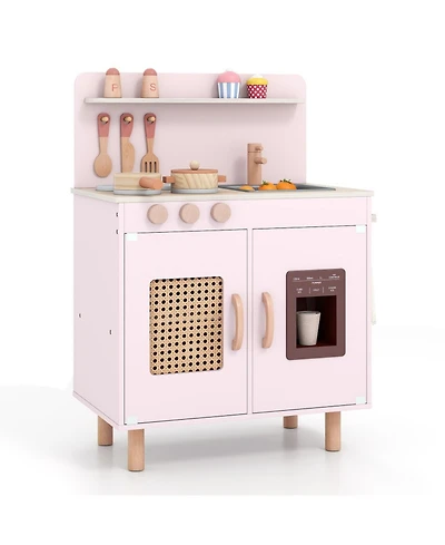 Hongge Kids Wooden Play Kitchen Playset with Working Ice Maker and Sink Ages 3
