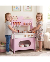 Hongge Wooden Double-Burner Play Kitchen with Learning Clock, 12-Piece Set, Ages 3+