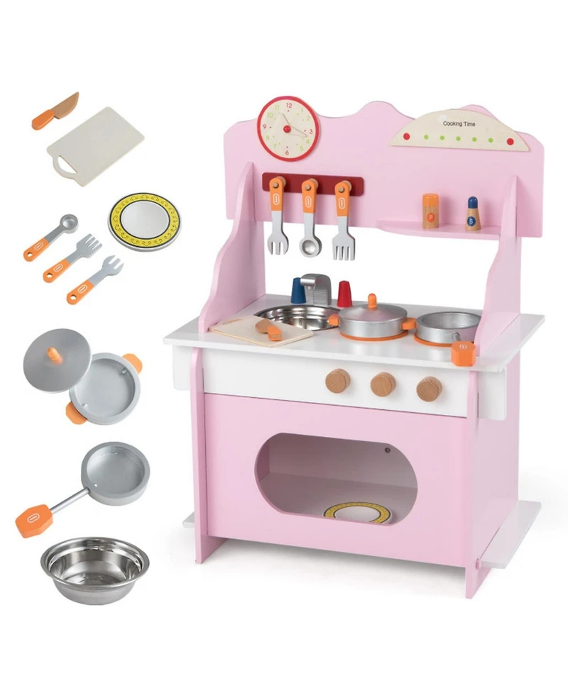 Hongge Wooden Double-Burner Play Kitchen with Learning Clock, 12-Piece Set, Ages 3+