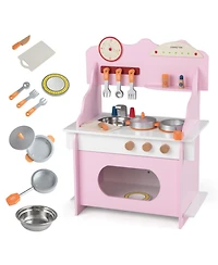 Hongge Wooden Double-Burner Play Kitchen with Learning Clock, 12-Piece Set, Ages 3+