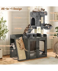6thdruple Cat Litter Box Enclosure With Led Light, Storage Cabinet and Sisal Scratcher, Modular Cat Tree