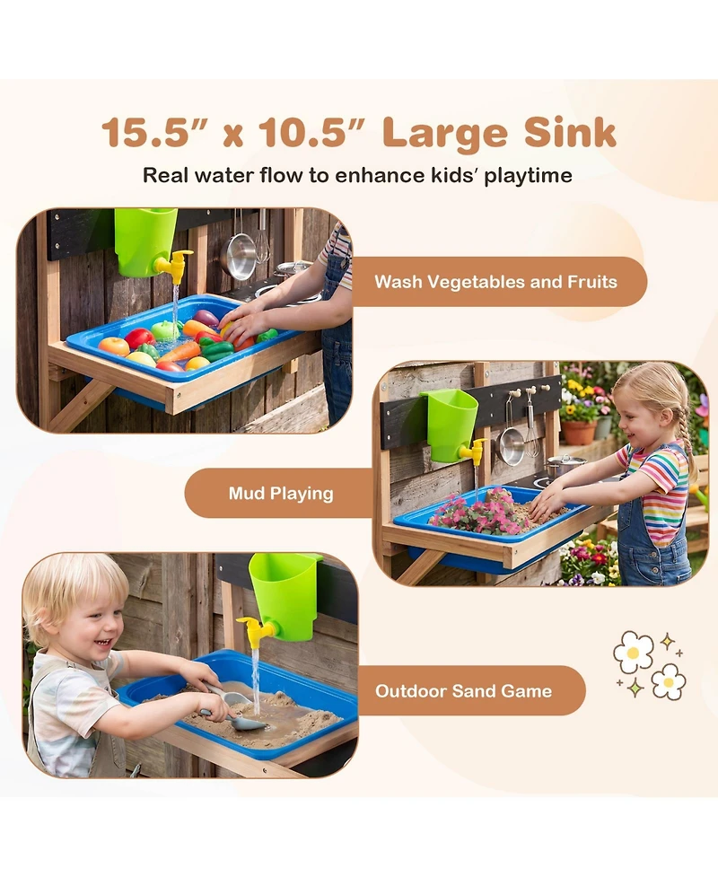 Gymax Outdoor Wall Mounted Mud Kitchen for Kids Wooden Play Kitchen with Sink Faucet