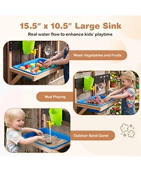 Gymax Outdoor Wall Mounted Mud Kitchen for Kids Wooden Play Kitchen with Sink Faucet