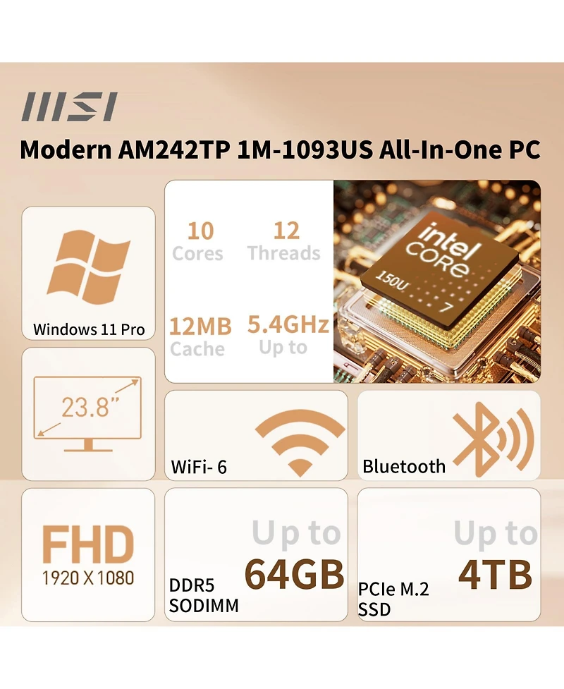 Msi Modern AM242TP 1M Aio Desktop, 23.8 Inch Fhd Touch 60Hz, Intel Core 7, Intel Graphics, 32GB DDR5, 1TB Ssd, Wireless Kb and Mouse, Win11 Pro