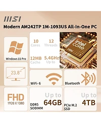 Msi Modern AM242TP 1M Aio Desktop, 23.8 Inch Fhd Touch 60Hz, Intel Core 7, Intel Graphics, 32GB DDR5, 1TB Ssd, Wireless Kb and Mouse, Win11 Pro