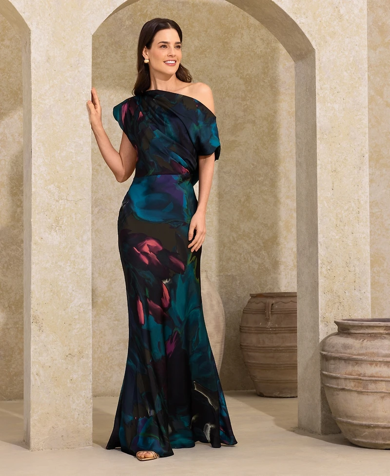 Betsy & Adam Women's One Shoulder Printed Gown