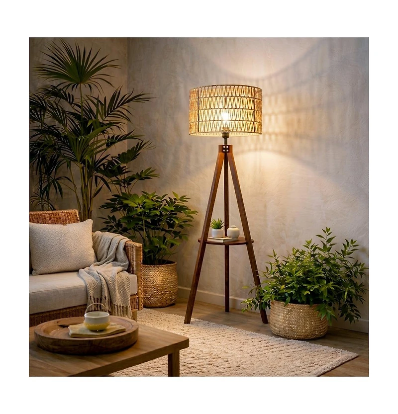Modern Tripod Floor Lamp with Natural Rattan Shade and Built-in Shelf