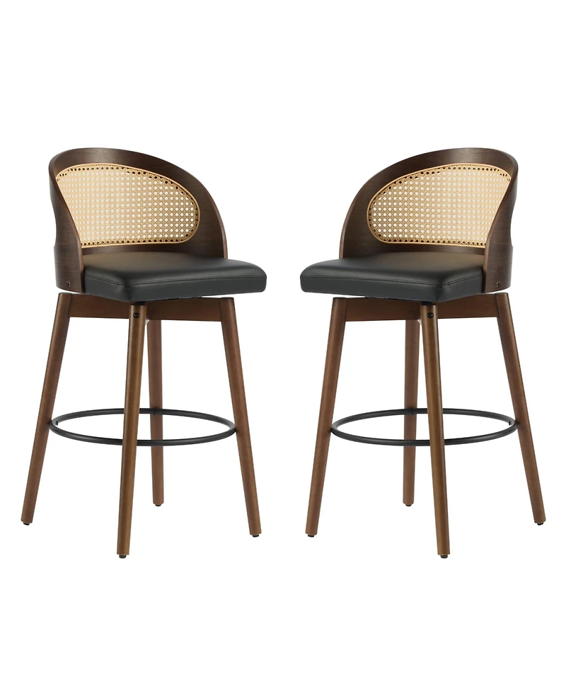 Maison Boucle Swivel Counter Height Bar Stools Set of 2, Solid Wood Rubberwood Frame, Walnut Finish, Fabric Upholstered Seat, Rattan Backrest