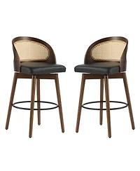 Maison Boucle Swivel Counter Height Bar Stools Set of 2, Solid Wood Rubberwood Frame, Walnut Finish, Fabric Upholstered Seat, Rattan Backrest