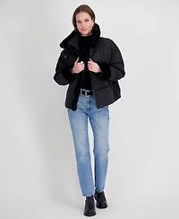 Tahari Womens Sherpa Cuff and Collar Puffer Coat
