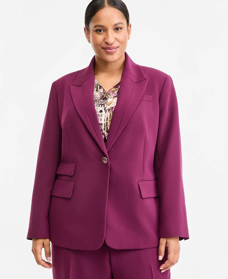 Karl Lagerfeld Paris Plus V-Neck One-Button Woven Blazer, Created for Macy's
