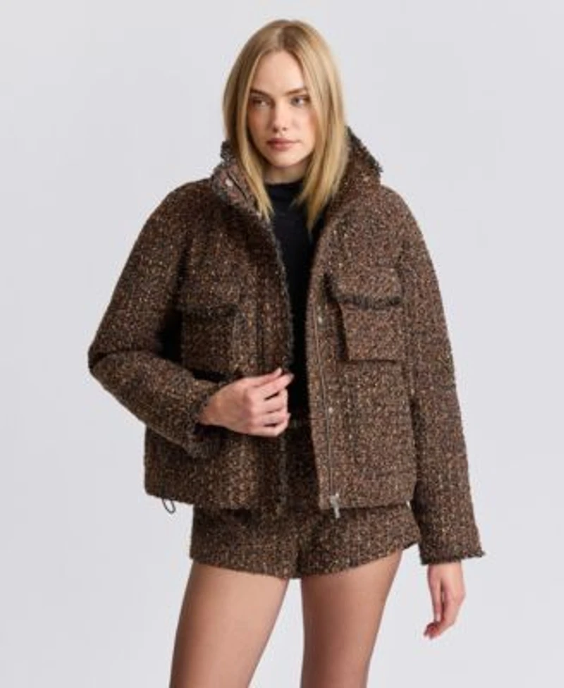 Avec Les Filles Womens Mock Neck Raglan Puffer Jacket High Waisted Micro Mini Shorts