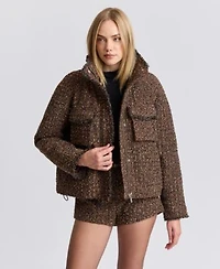 Avec Les Filles Womens Mock Neck Raglan Puffer Jacket High Waisted Micro Mini Shorts