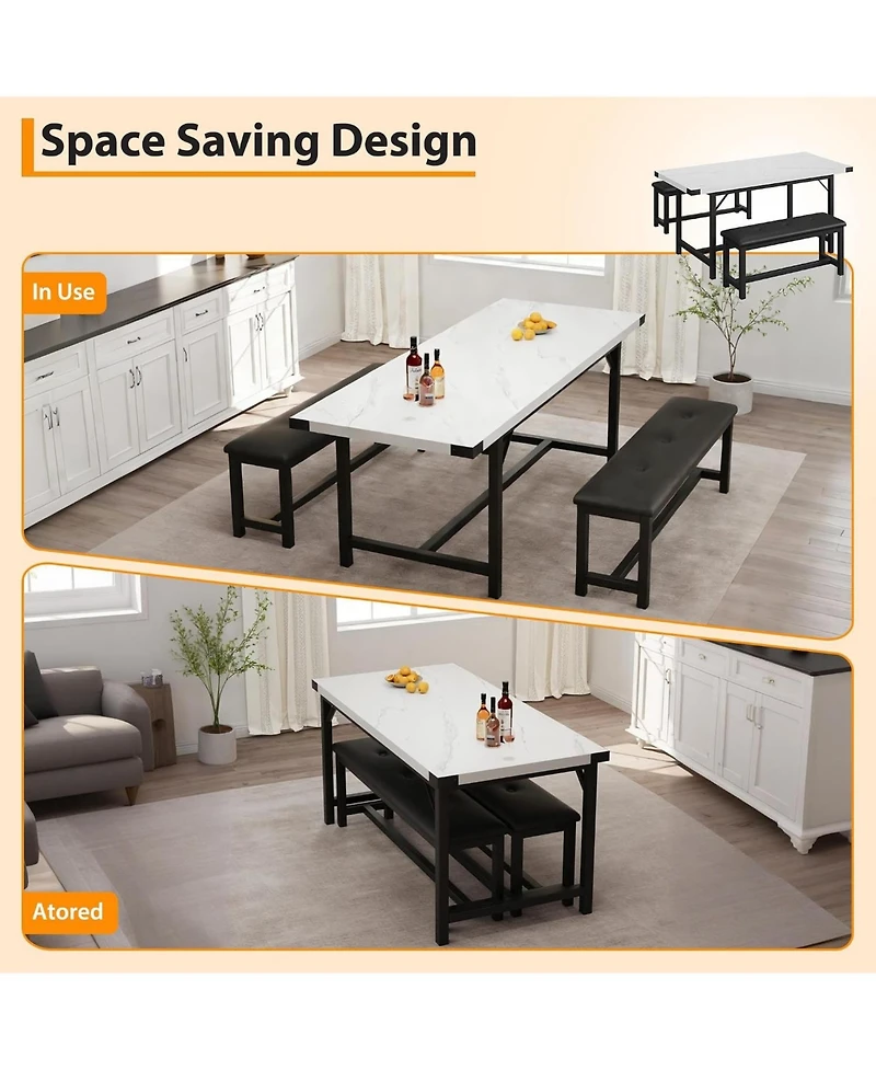 homfan 3-Piece Dining Set for 4-6 – Extendable Table with 2 Benches, Space-Saving for Kitchen and Breakfast Nook
