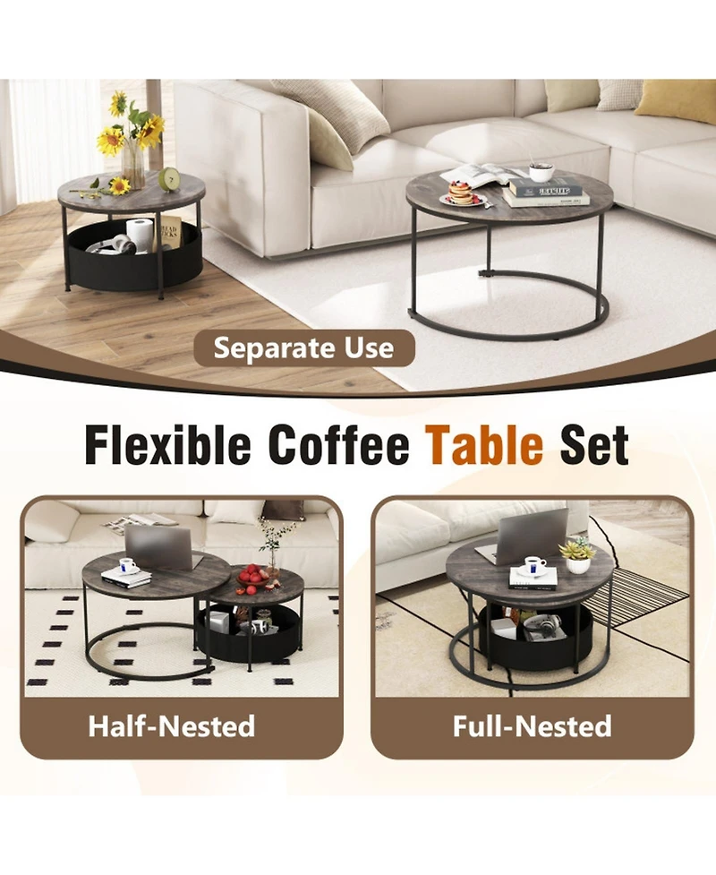 Sugift Round Coffee Table Set of 2 31.5in and 24in Circle Cocktail Tables with Fabric Storage Basket