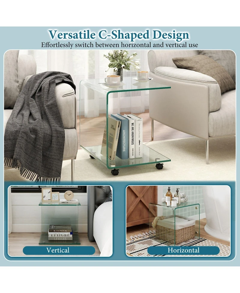 Sugift C-Shaped Tempered Glass End Table with Shelf and Detachable Wheels