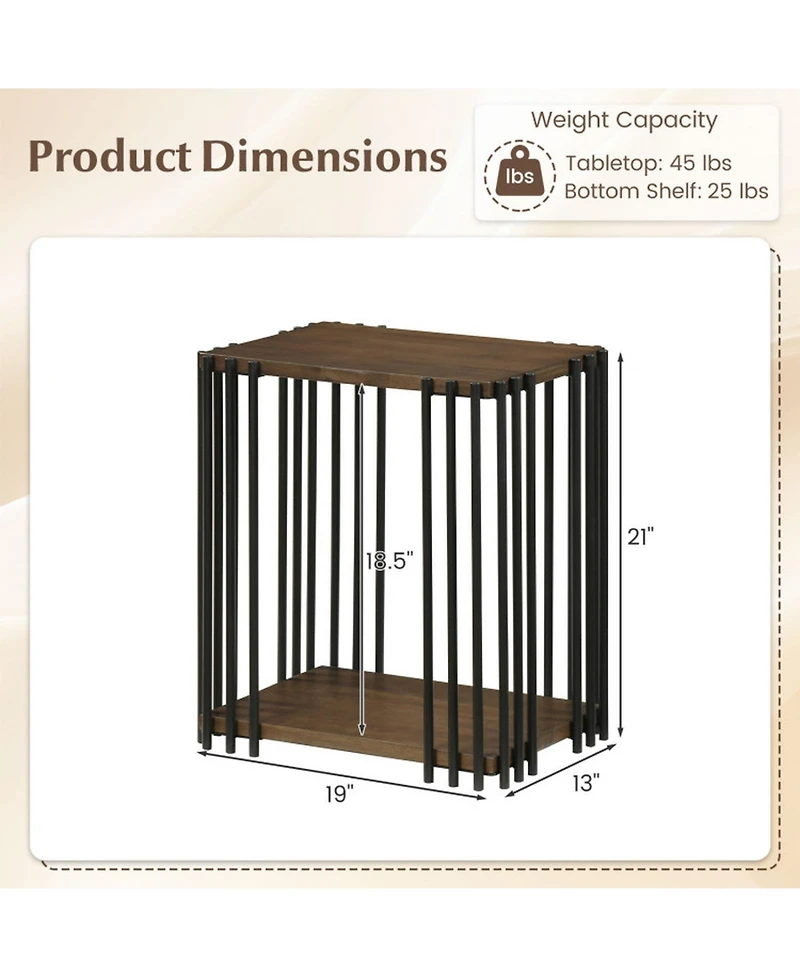 Sugift Rubber Wood Side Table with 2-Layer Storage Shelves and Metal Frame