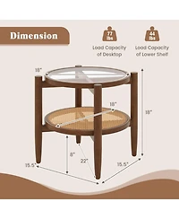 Sugift Round Rattan Side End Table with Tempered Glass Tabletop and Shelf