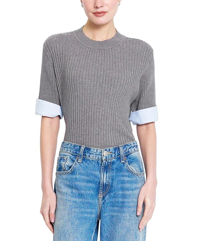 Central Park West Women's Sienna Shirt Cuff Crewneck Short-Sleeve Sweater