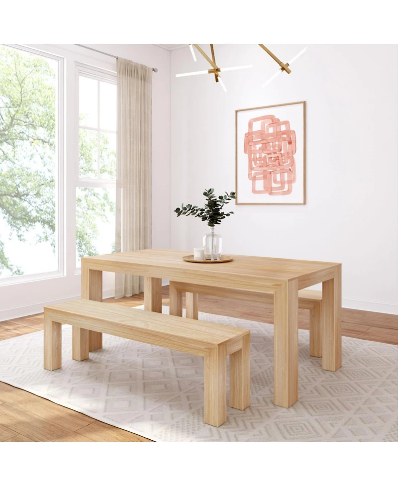 Plank+Beam Solid Wood Modern Dining Table Set with 2 Benches for 6, Wirebrush