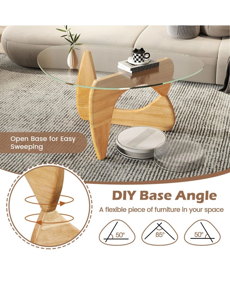 Sugift Triangle Coffee Table with Tempered Glass Top and Adjustable Rubber Wood Base