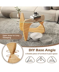 Sugift Triangle Coffee Table with Tempered Glass Top and Adjustable Rubber Wood Base