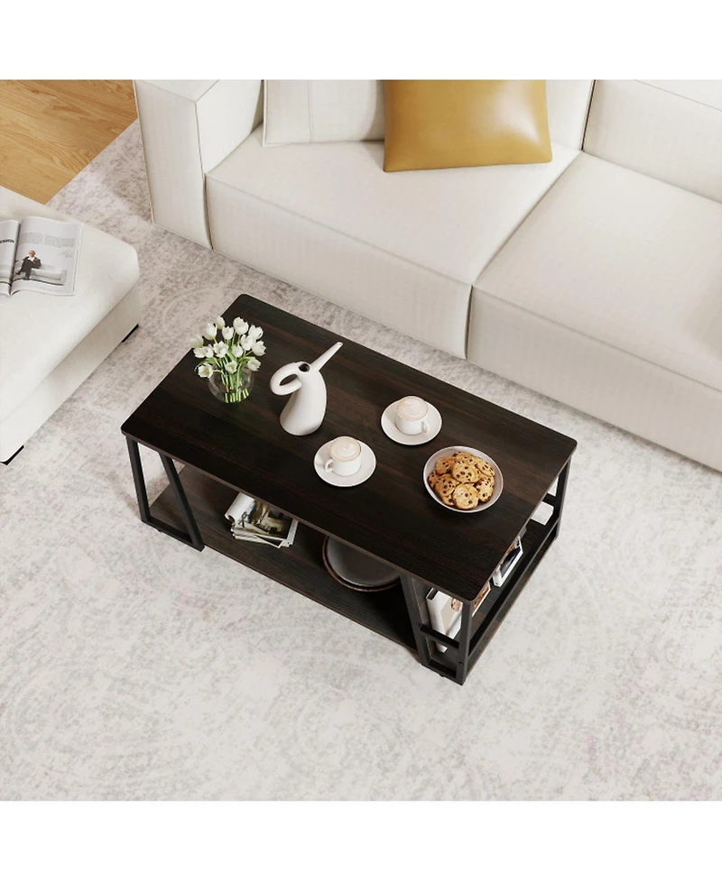 Sugift 2-Tier Industrial Rectangle Coffee Table with Storage Shelf and Side Compartment