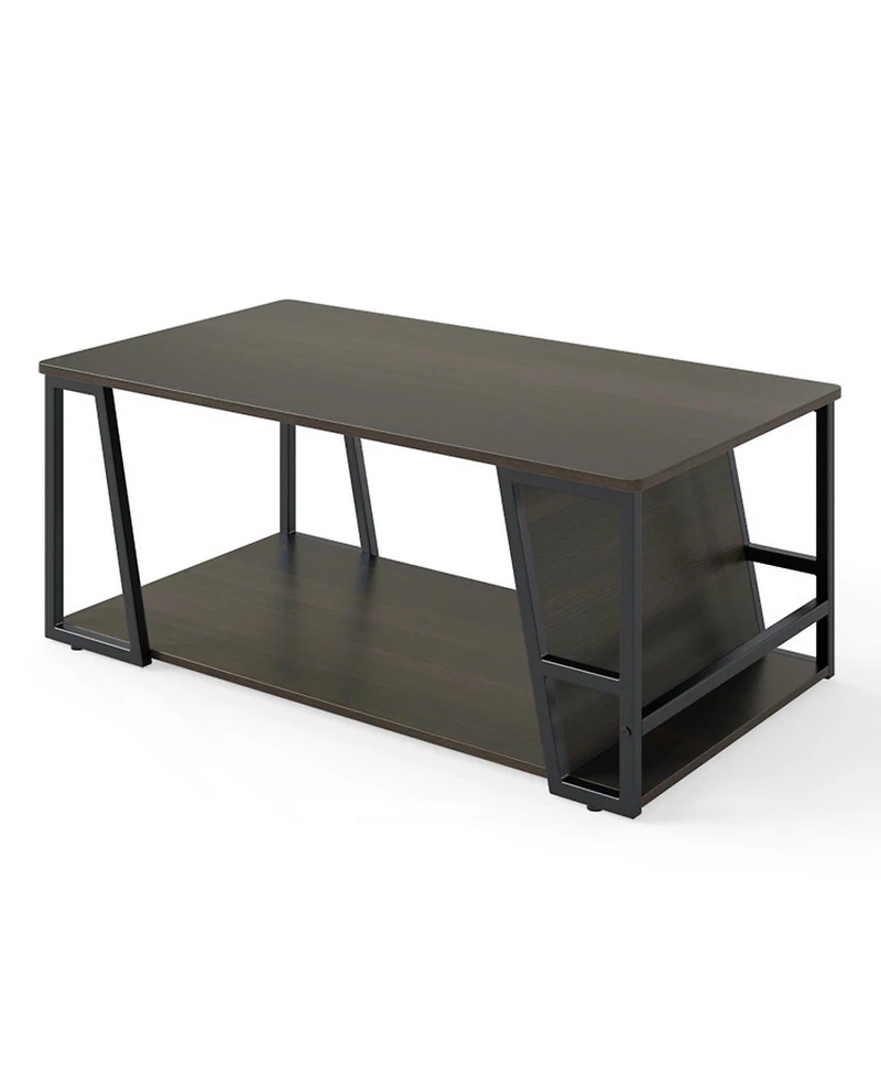 Sugift 2-Tier Industrial Rectangle Coffee Table with Storage Shelf and Side Compartment
