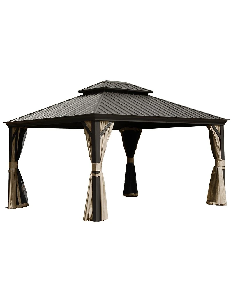Asagikoiai 10x14 Ft Metal Outdoor Hardtop Gazebo, Double Roof Patio Canopy with Netting and Curtains