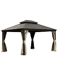 Asagikoiai 10x14 Ft Metal Outdoor Hardtop Gazebo, Double Roof Patio Canopy with Netting and Curtains