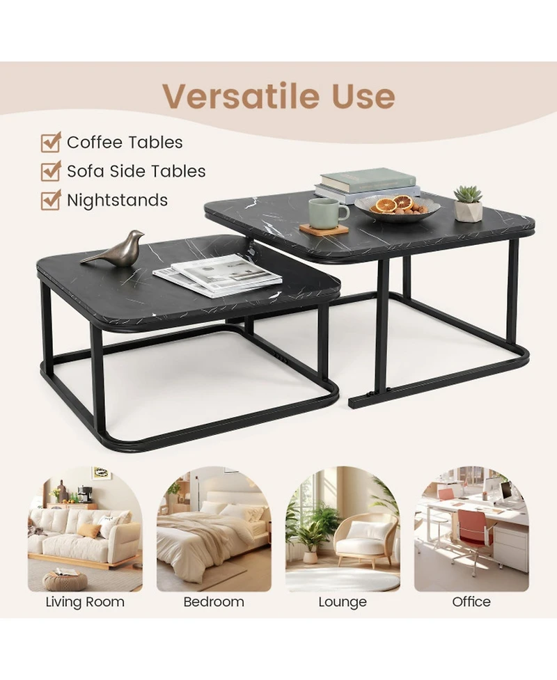 Sugift Set of 2 Nesting Coffee Tables with Faux Marble Top and Metal Frame