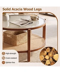 Sugift 2-Tier Rattan Coffee Table with Frosted Tempered Glass Top and Wood Legs