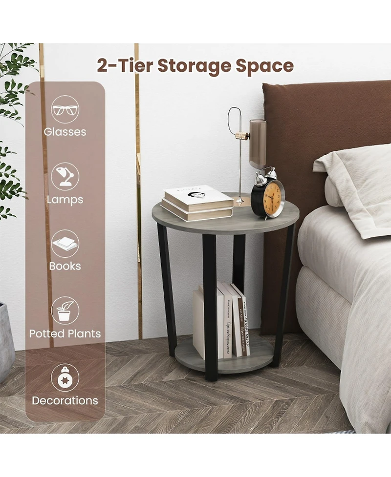 Sugift 2-Tier Round End Table with Storage Shelf and Metal Frame