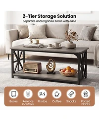 Sugift 2-Tier Center Table with Storage Shelf and X Frame
