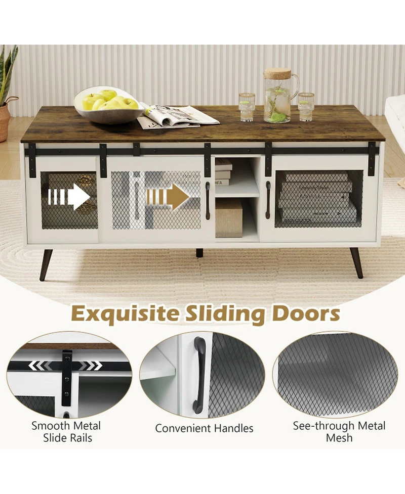 Sugift Farmhouse Coffee Table with Sliding Doors and 3-Position Adjustable Shelf