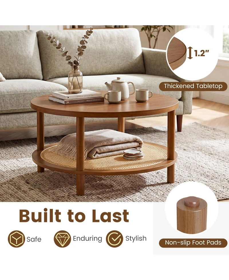 Sugift 2-Tier Boho Round Rattan Coffee Table with Storage Shelf