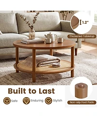 Sugift 2-Tier Boho Round Rattan Coffee Table with Storage Shelf